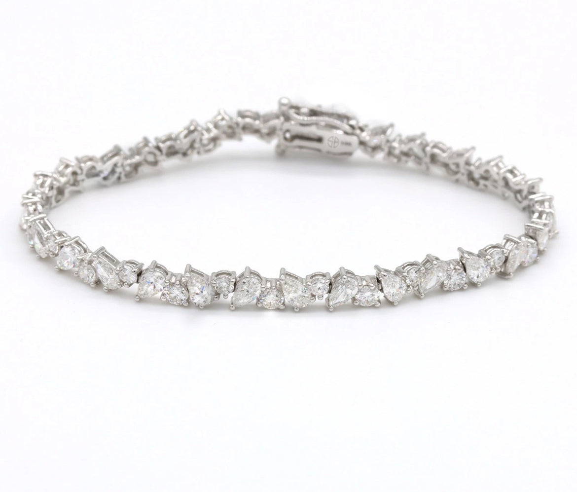 14K White Gold 7.70ct E-F VS-VVS Lab Diamond Round & Pear Tennis Bracelet