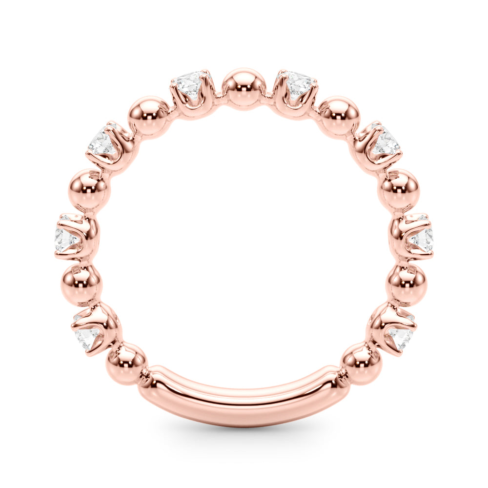 14K rose gold beaded wedding band with lab-grown diamonds, delicate modern stacking ring.