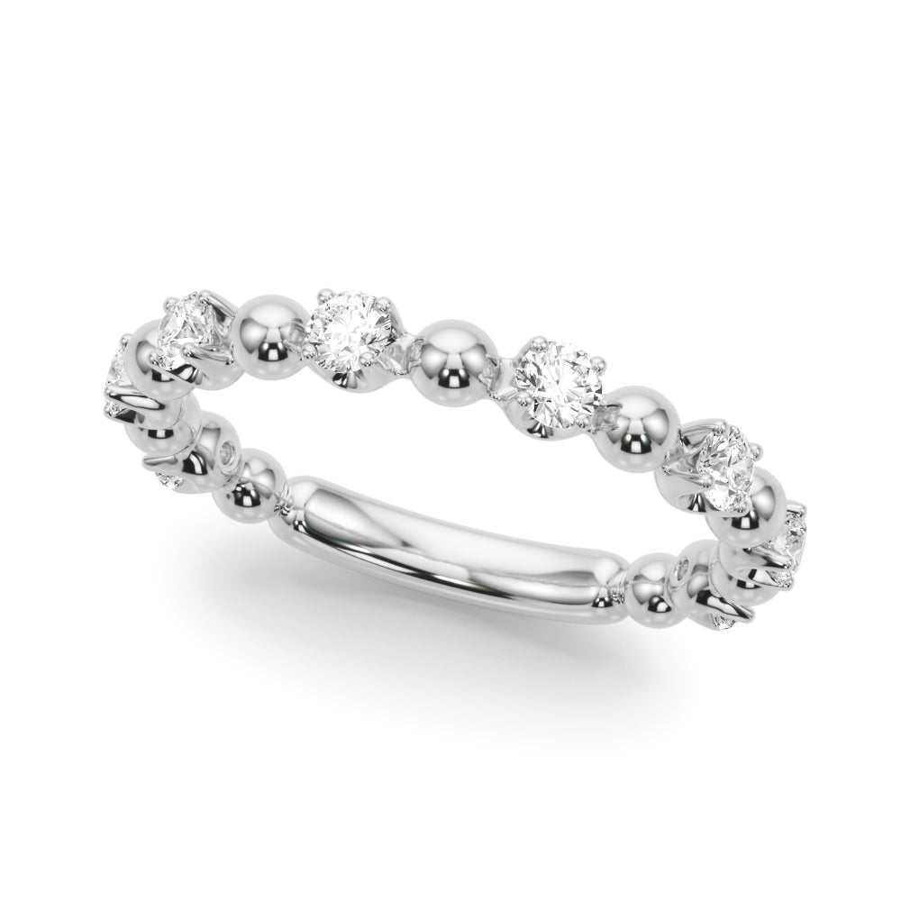 14K white gold beaded lab diamond band, high polish finish with alternating bead and diamond design.