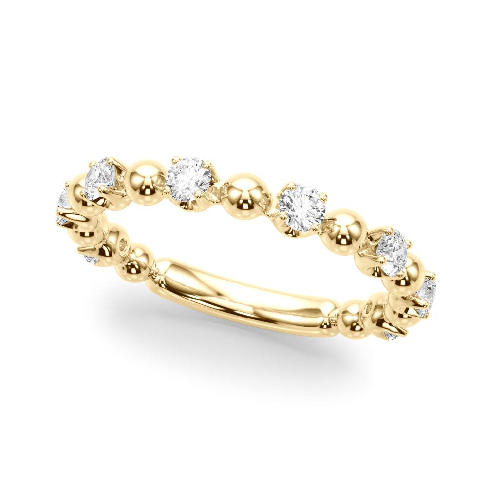 14K yellow gold beaded diamond wedding band with round lab-grown diamonds, elegant front view.