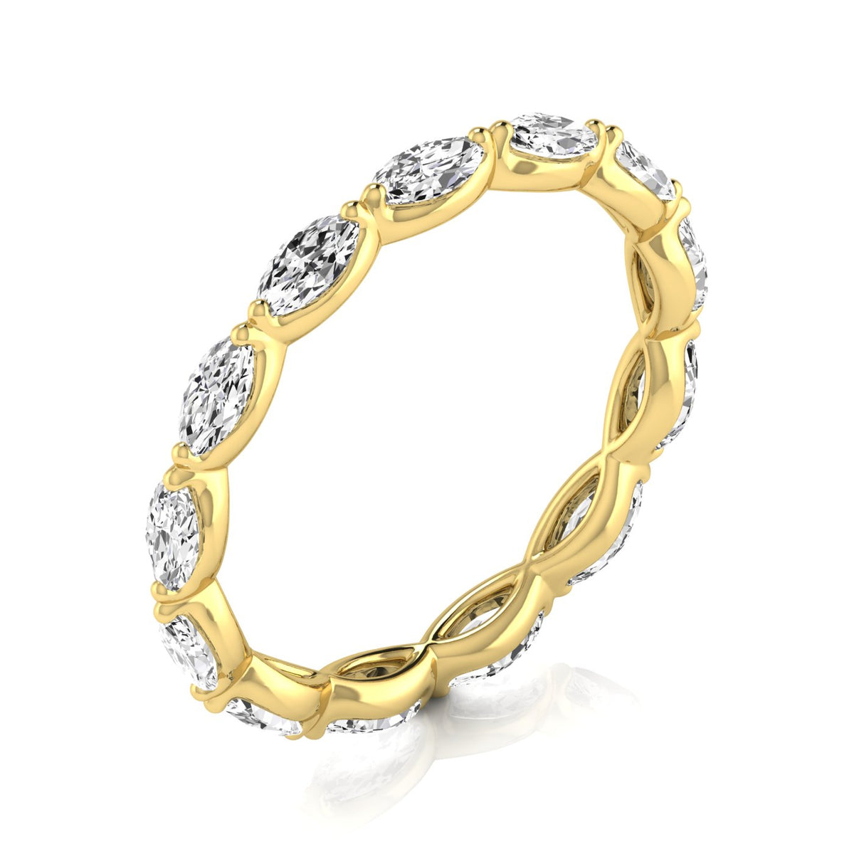 14K yellow gold marquise diamond eternity band standing upright at an angle.