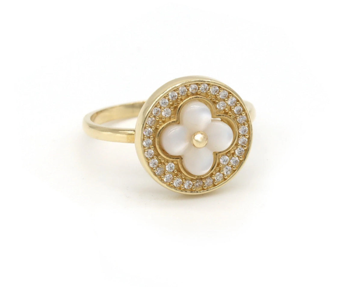 14K Yellow Gold Mother-of-Pearl Clover Halo Ring Size 6.5 • 13mm