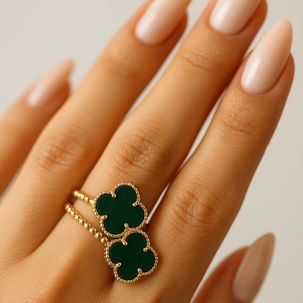 14K Yellow Gold Double Clover Bypass Ring Green Quatrefoil Beaded Band Size 7.5
