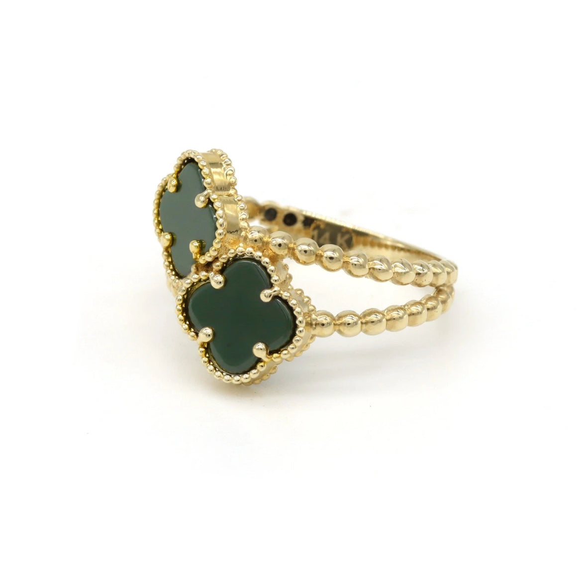 14K Yellow Gold Double Clover Bypass Ring Green Quatrefoil Beaded Band Size 7.5