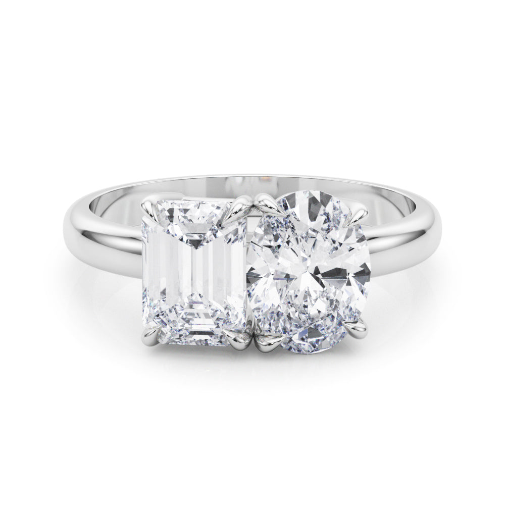 3.00 carat emerald and oval lab-grown diamond two-stone engagement ring in 14k white gold, IGI certified