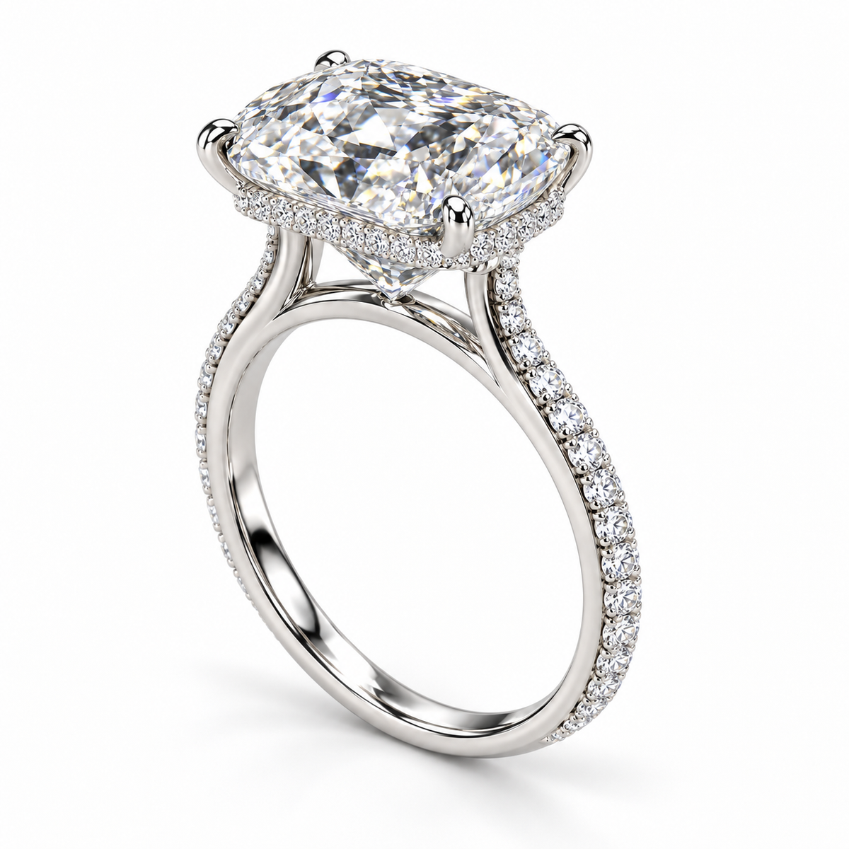 4.50 Carat Lab Grown East-West Cushion Diamond Engagement Ring | Hidden Halo, 14K Gold