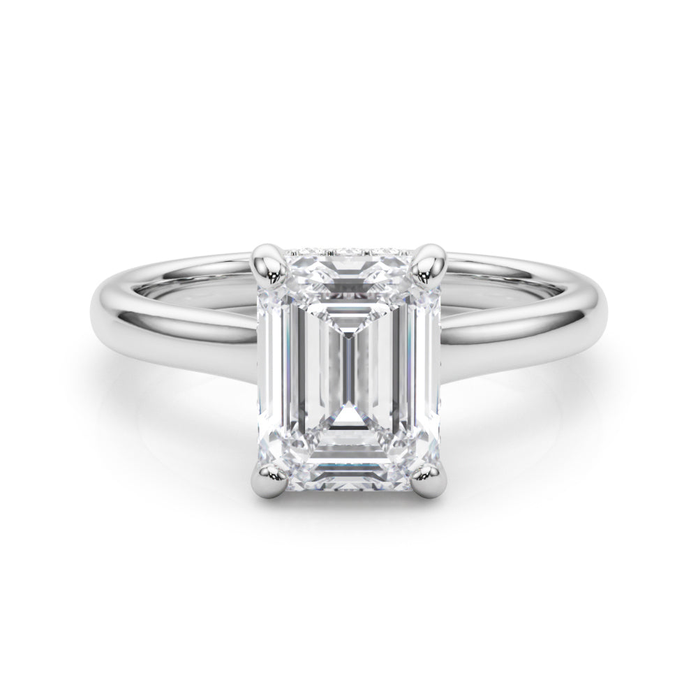 4.00 carat emerald cut lab-grown diamond hidden halo engagement ring in 14k white gold, IGI certified