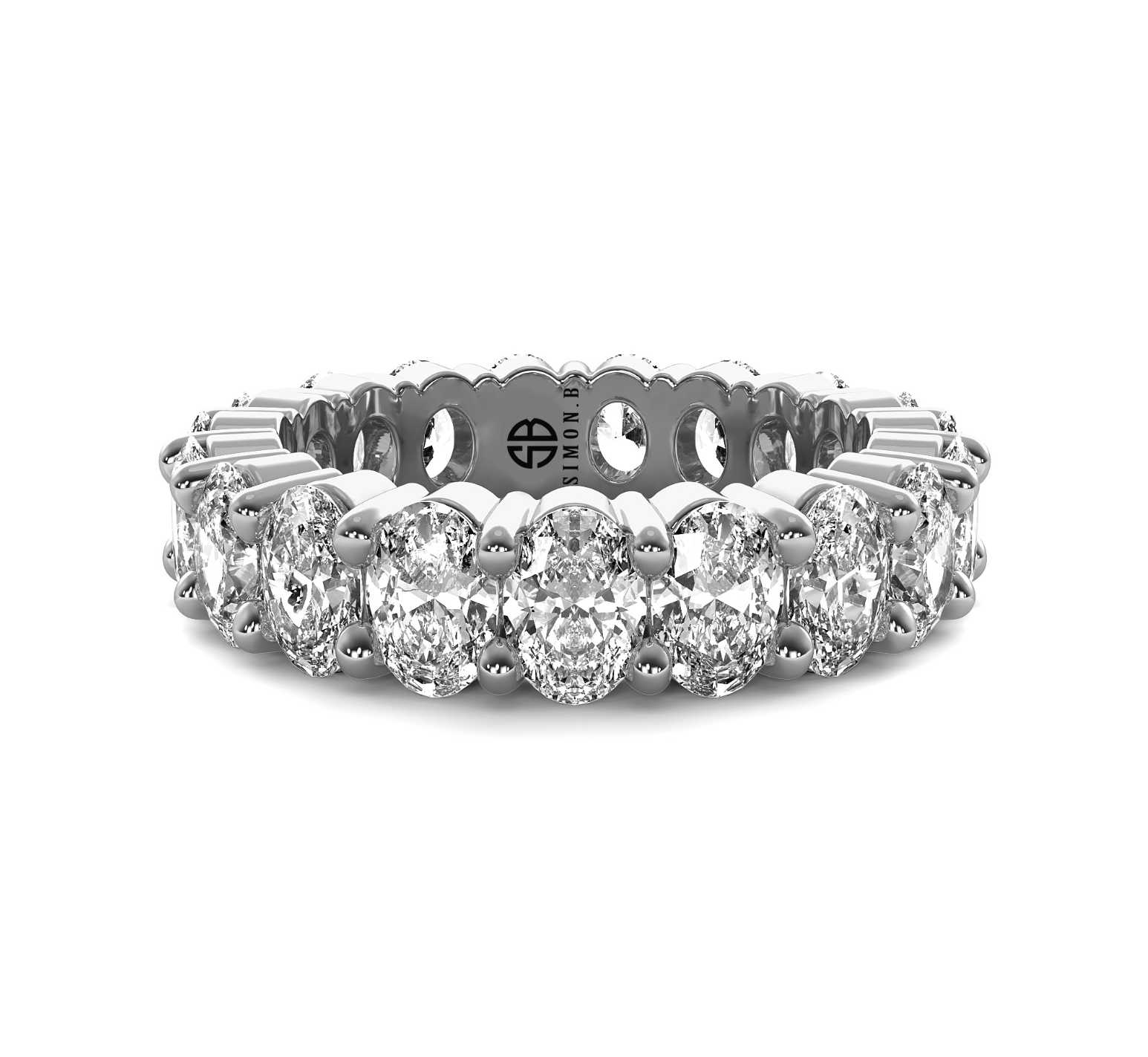 4.00ct oval lab grown diamond eternity band in 14K gold with matched E–F color stones.