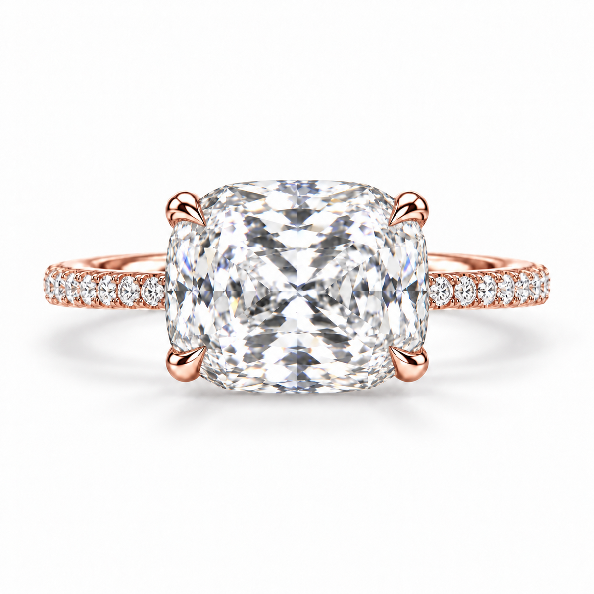 4.50 Carat Lab Grown East-West Cushion Diamond Engagement Ring | Hidden Halo, 14K Gold