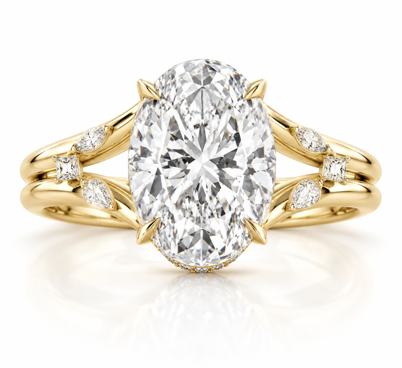 5.00 Carat Oval Lab-Grown Diamond Split Shank Engagement Ring in 14K Yellow Gold with Fancy-Cut Side Stones – Simon B Jewels