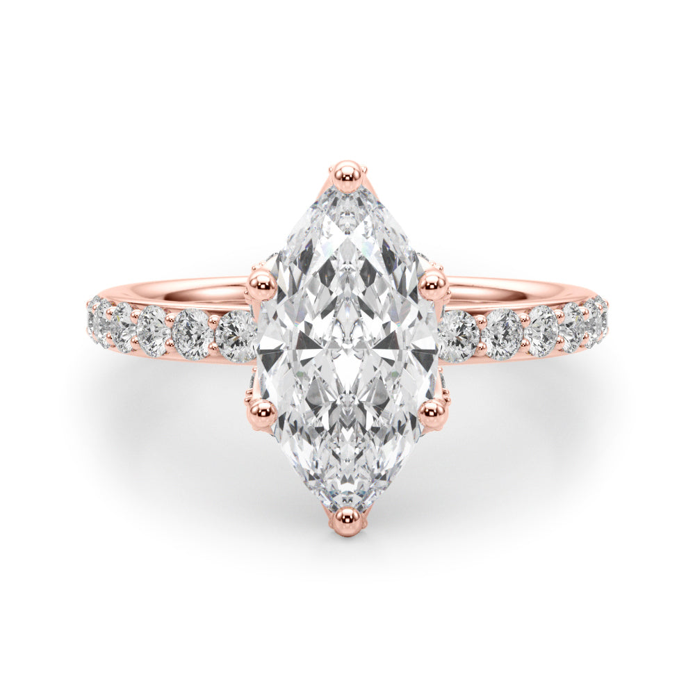 Front view of 14K rose gold marquise lab diamond hidden halo engagement ring with pave setting