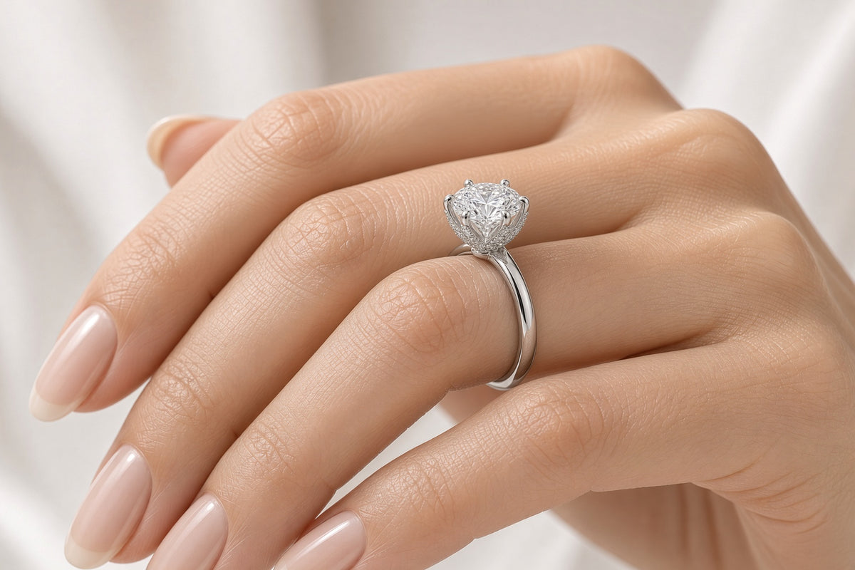 6-prong floral lab-grown diamond engagement ring worn on hand