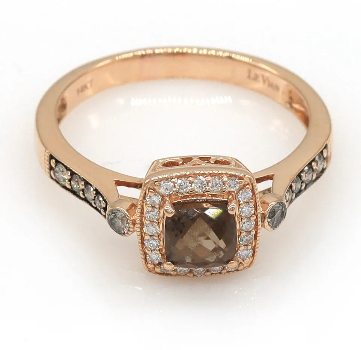 Le Vian 14K Rose Gold Smoky Quartz & Diamond Cushion Ring – 9mm Center, Size 7.25