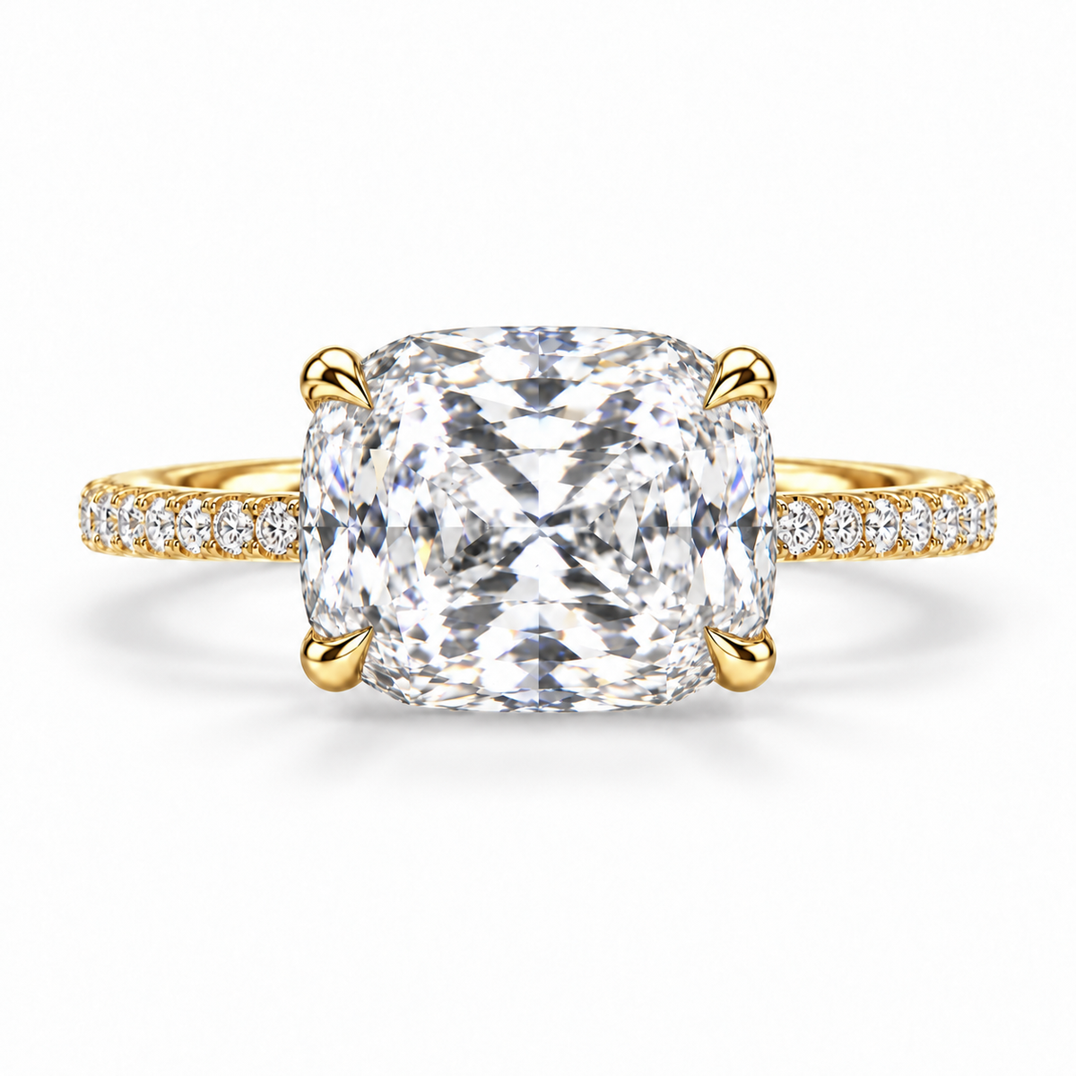 4.50 Carat Lab Grown East-West Cushion Diamond Engagement Ring | Hidden Halo, 14K Gold