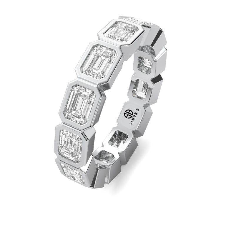 3.00ct Elongated Emerald Cut Lab Diamond Bezel Eternity Band 14K Gold