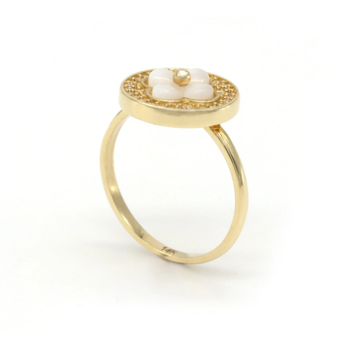14K Yellow Gold Mother-of-Pearl Clover Halo Ring Size 6.5 • 13mm