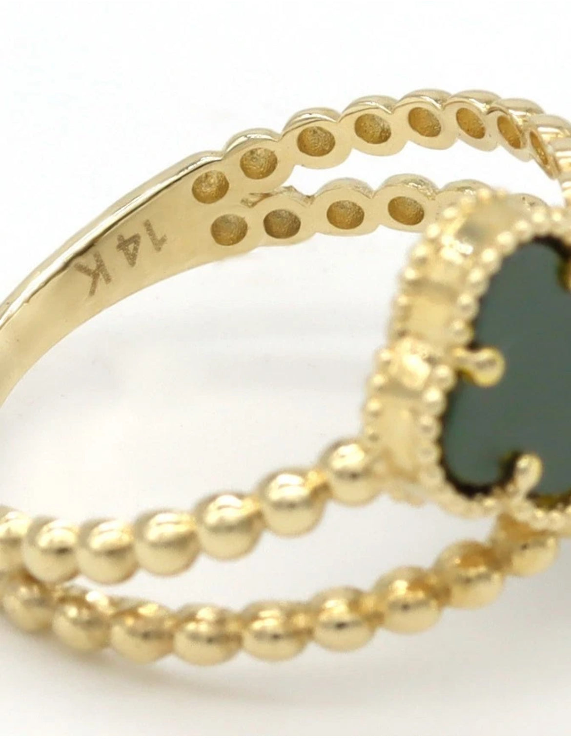 14K Yellow Gold Double Clover Bypass Ring Green Quatrefoil Beaded Band Size 7.5