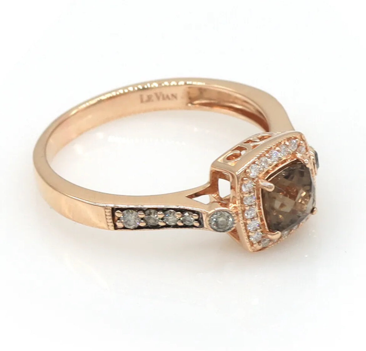 Le Vian 14K Rose Gold Smoky Quartz & Diamond Cushion Ring – 9mm Center, Size 7.25