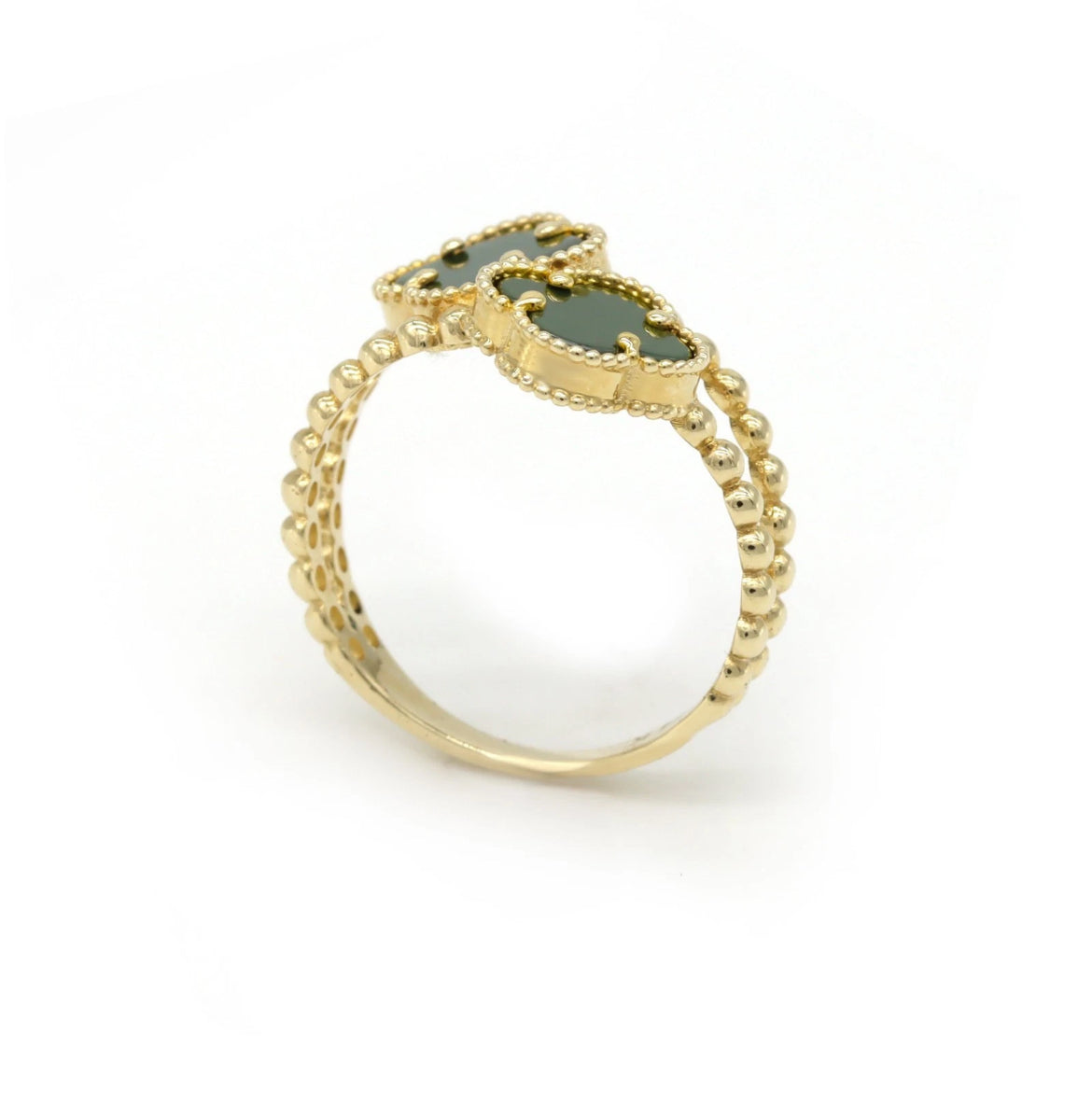 14K Yellow Gold Double Clover Bypass Ring Green Quatrefoil Beaded Band Size 7.5