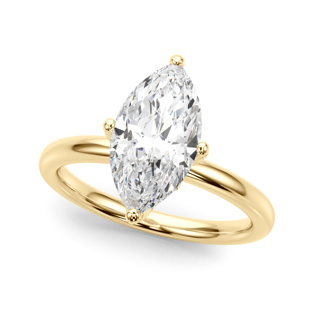 Angled view of the marquise diamond engagement ring with a polished 14K yellow gold band.