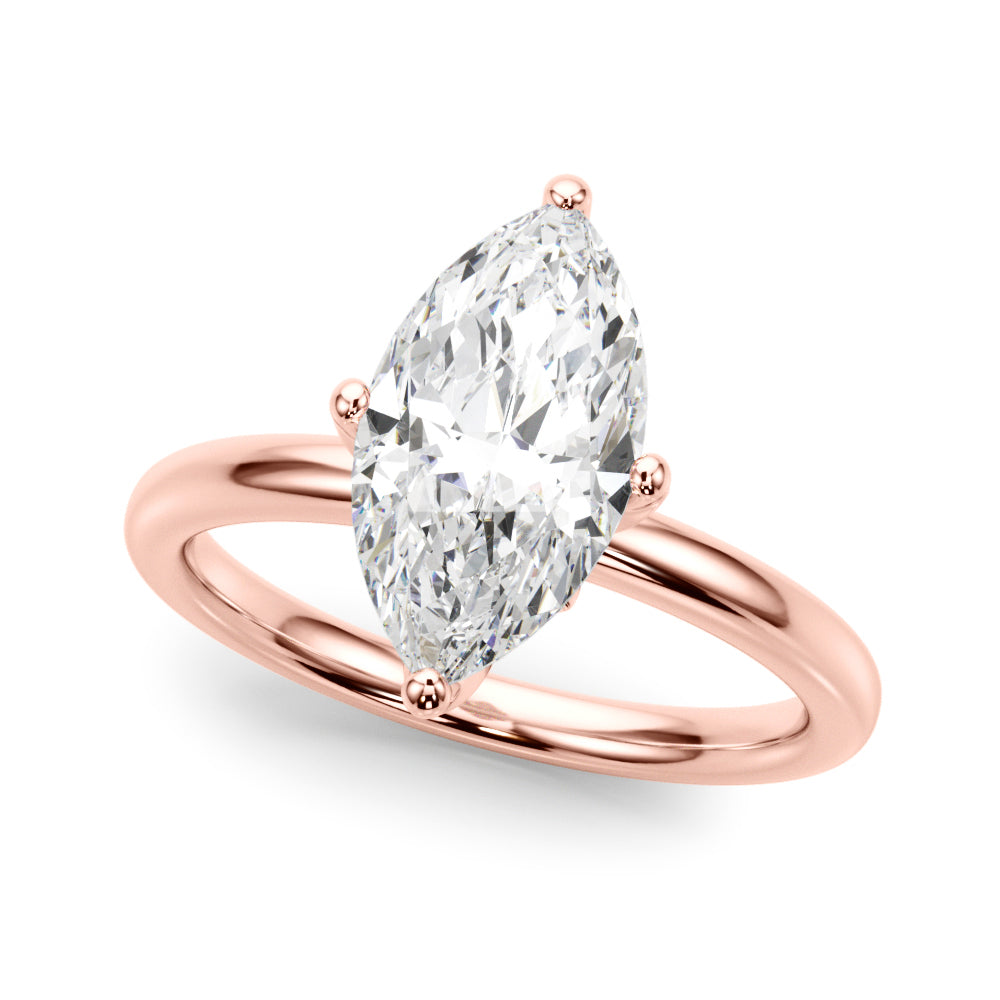 Angled view of the marquise lab-grown diamond engagement ring in 14K rose gold.