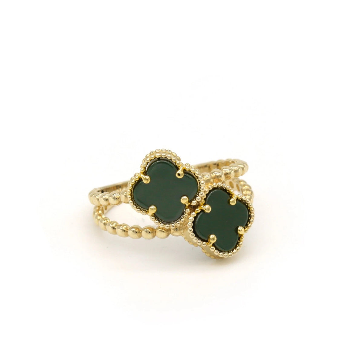 14K Yellow Gold Double Clover Bypass Ring Green Quatrefoil Beaded Band Size 7.5