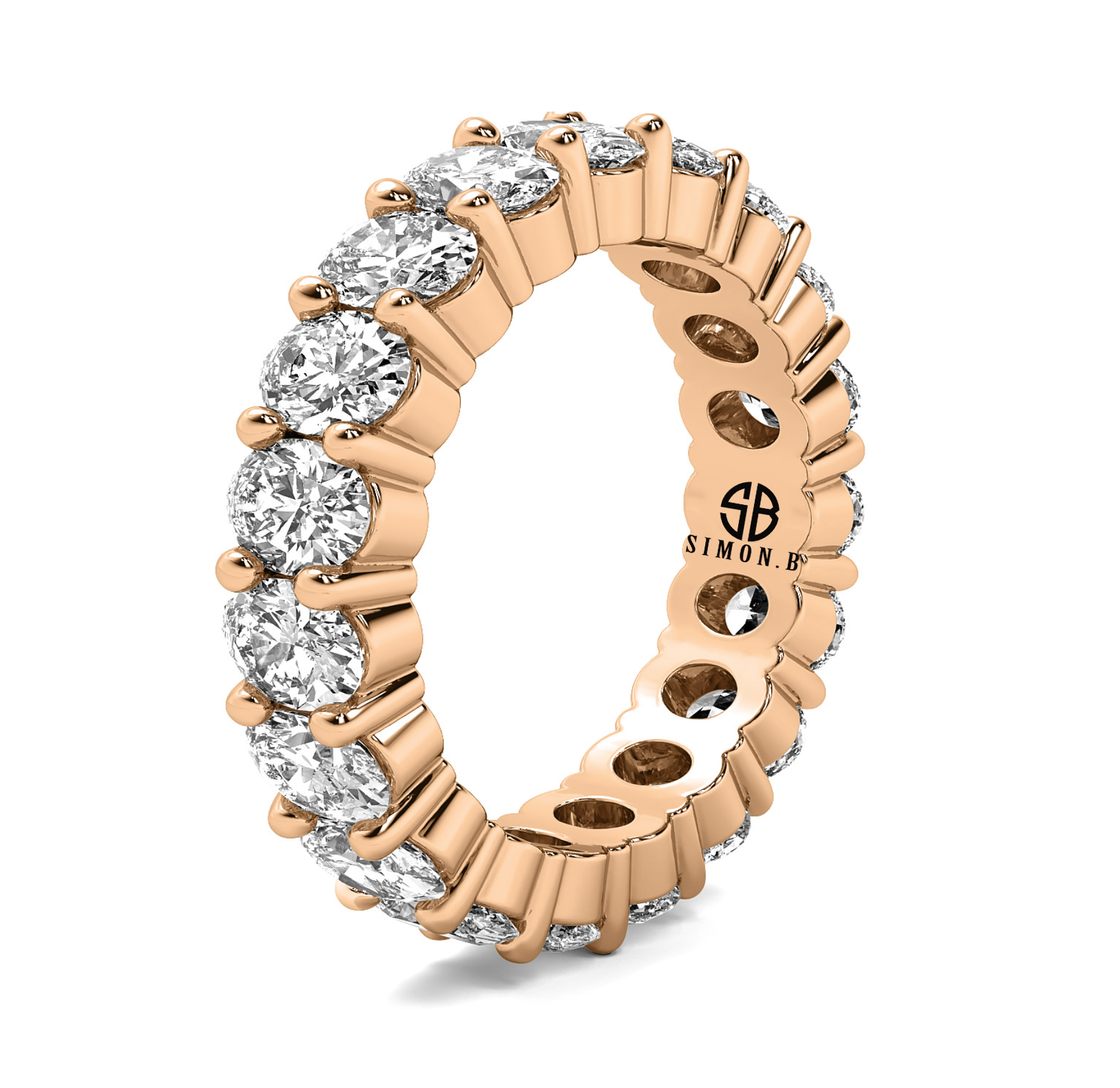 Close-up of oval lab grown diamonds in full eternity setting with bright white E–F color.