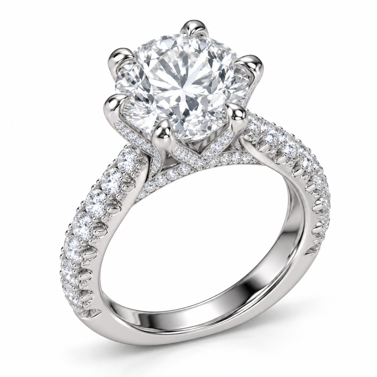 Close front view of a round brilliant lab-grown diamond in a six-petal setting