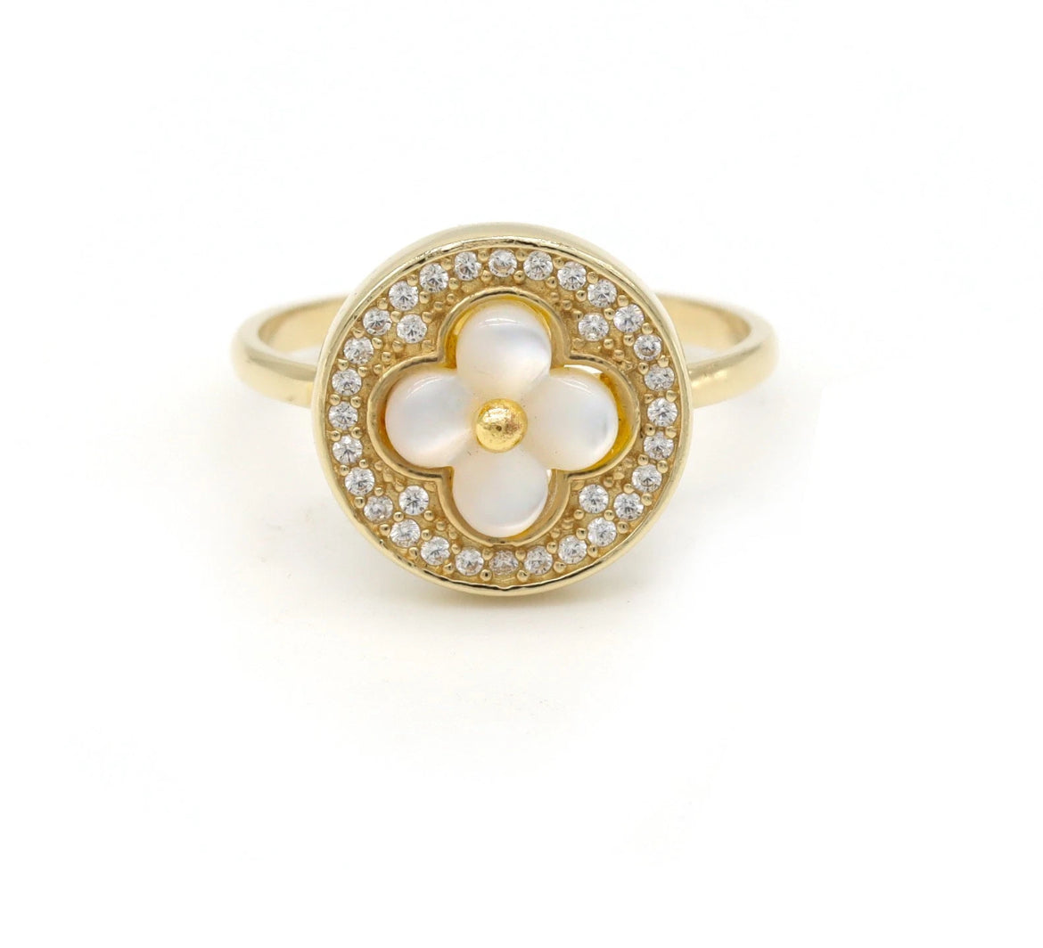 14K Yellow Gold Mother-of-Pearl Clover Halo Ring Size 6.5 • 13mm