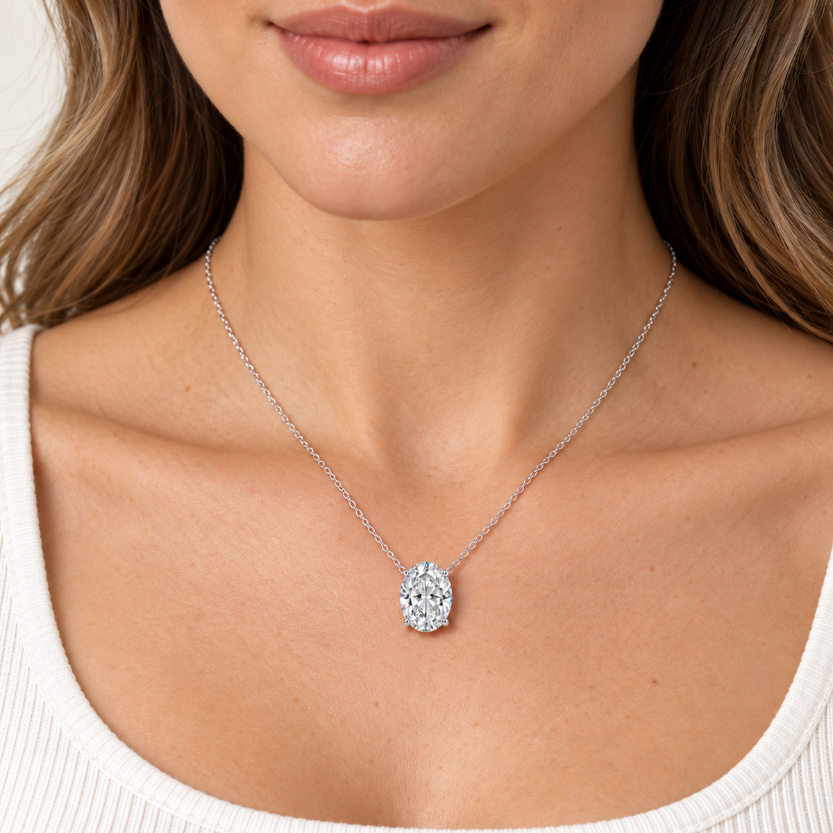 3 carat oval diamond pendant in white gold worn on the neck.