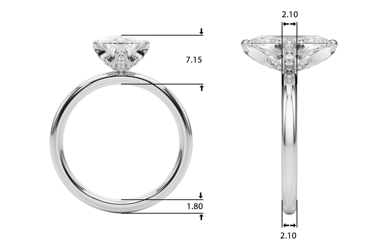 Dimension diagram showing side and end views of the marquise diamond engagement ring setting.