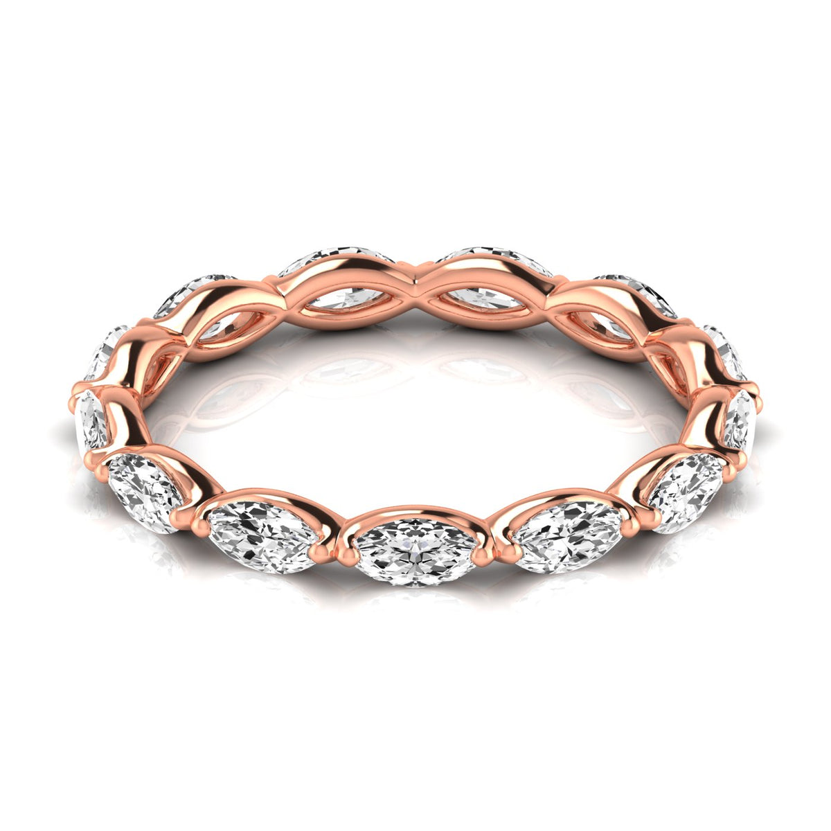 East-west marquise lab-grown diamond eternity band in 14K rose gold, front angled view.