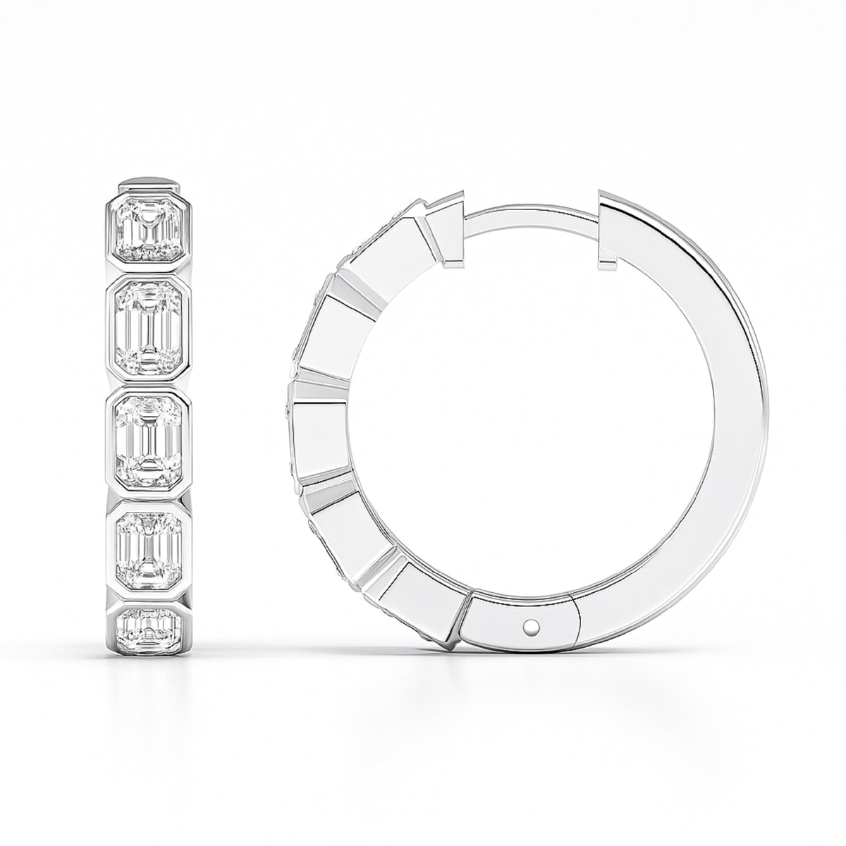 Front and side views of white gold emerald-cut diamond hoops showing bezel settings and hoop profile