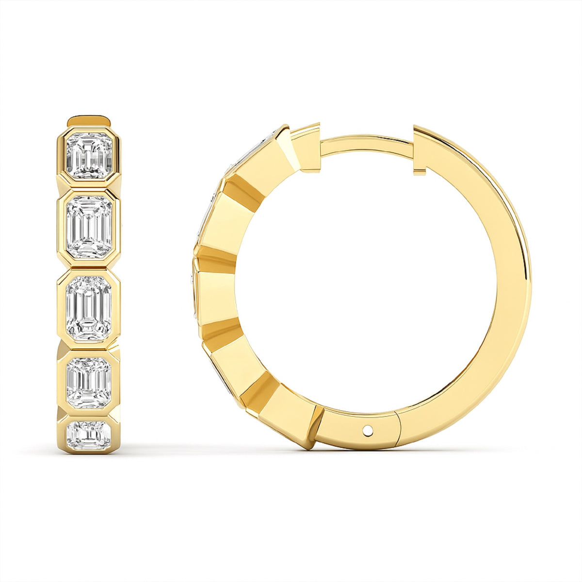 Front and side views of yellow gold emerald-cut diamond hoops showing bezel settings and hoop profile