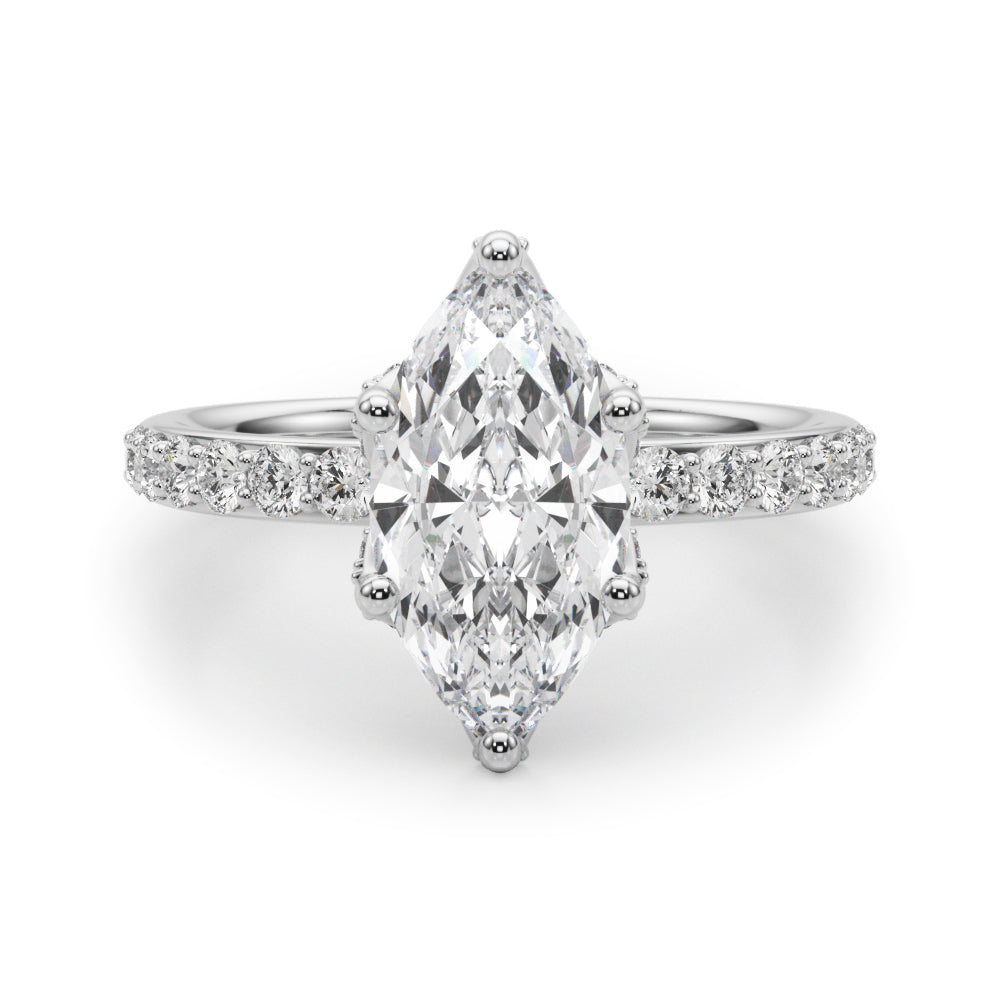 Front view of 14K white gold marquise lab diamond engagement ring with hidden halo and pave band