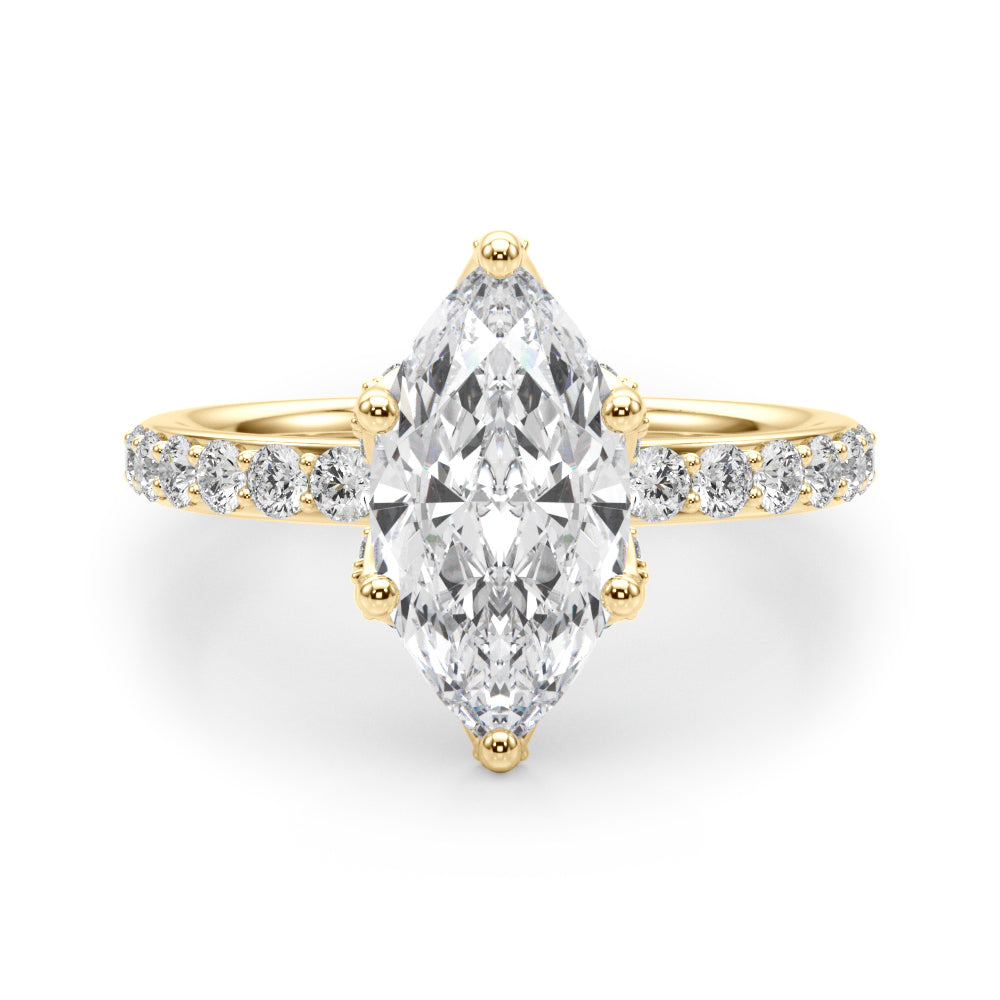 Front view of 14K yellow gold marquise lab diamond engagement ring with hidden halo and pave band