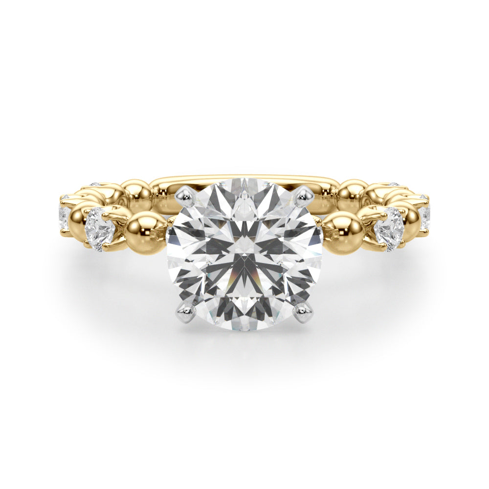 Front view of a 2.20 carat round lab-grown diamond engagement ring with a 14K yellow gold beaded diamond band