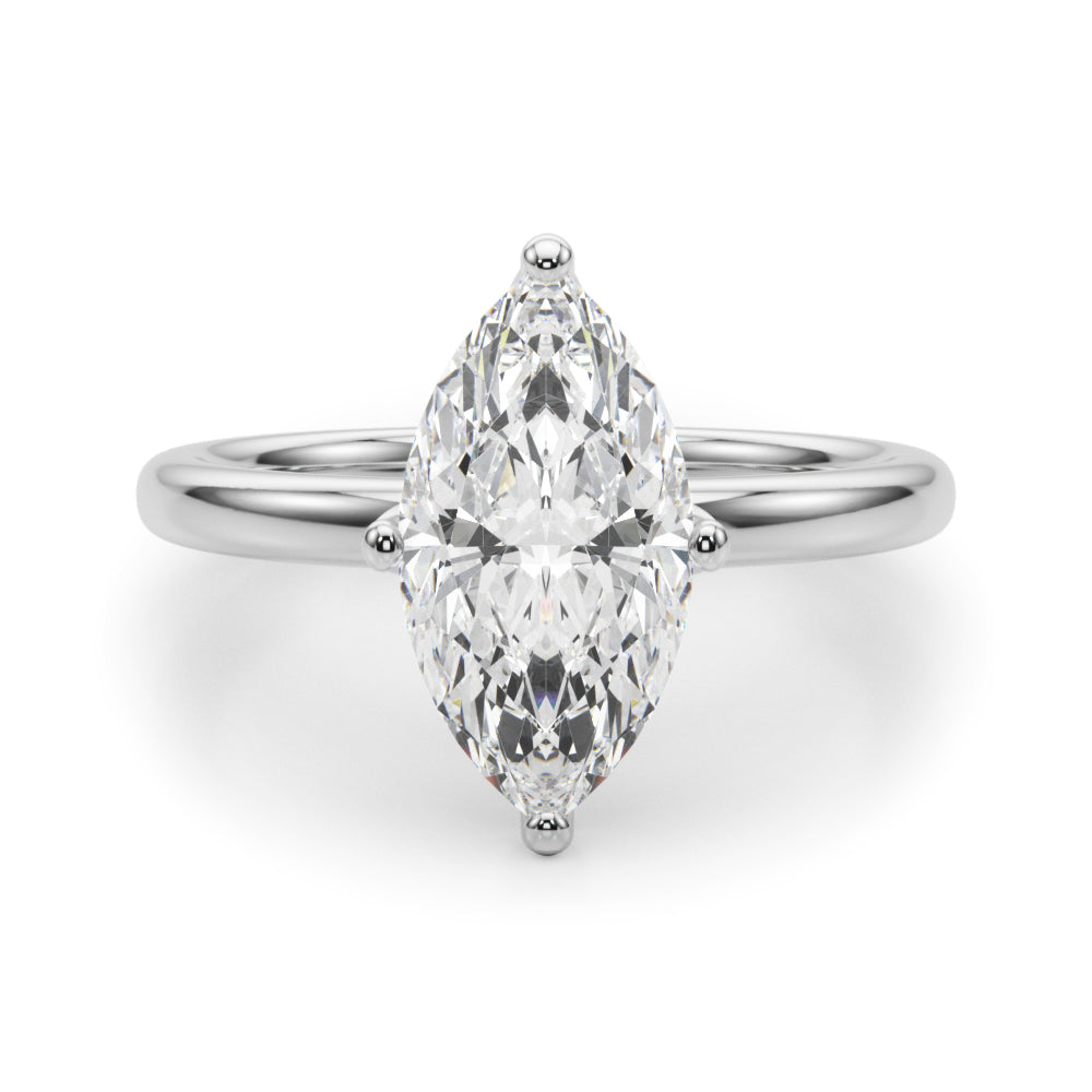 Front view of a 2.50 carat marquise lab-grown diamond engagement ring in 14K white gold.