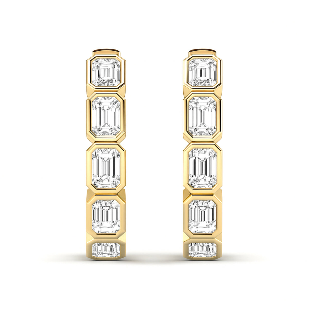 Front view of emerald-cut lab-grown diamond bezel hoop earrings in 14K yellow gold, 2.15 CTW per pair