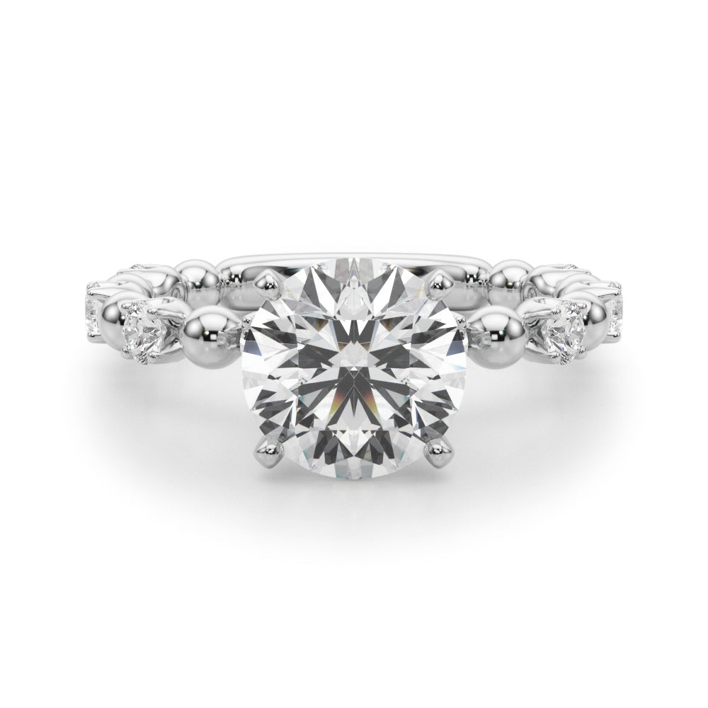 Front view of the 2.20 carat round lab-grown diamond engagement ring with a white gold beaded diamond band.