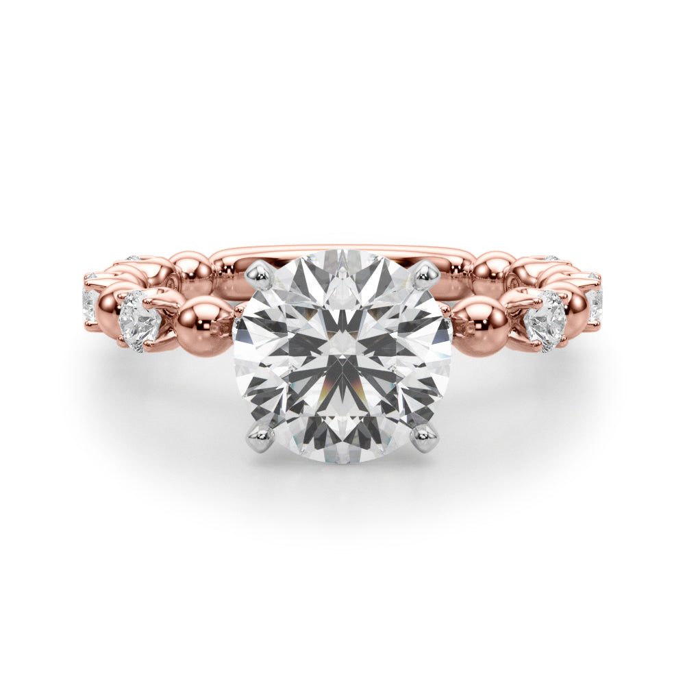Front view of the round lab-grown diamond engagement ring with alternating rose gold beads and side diamonds.