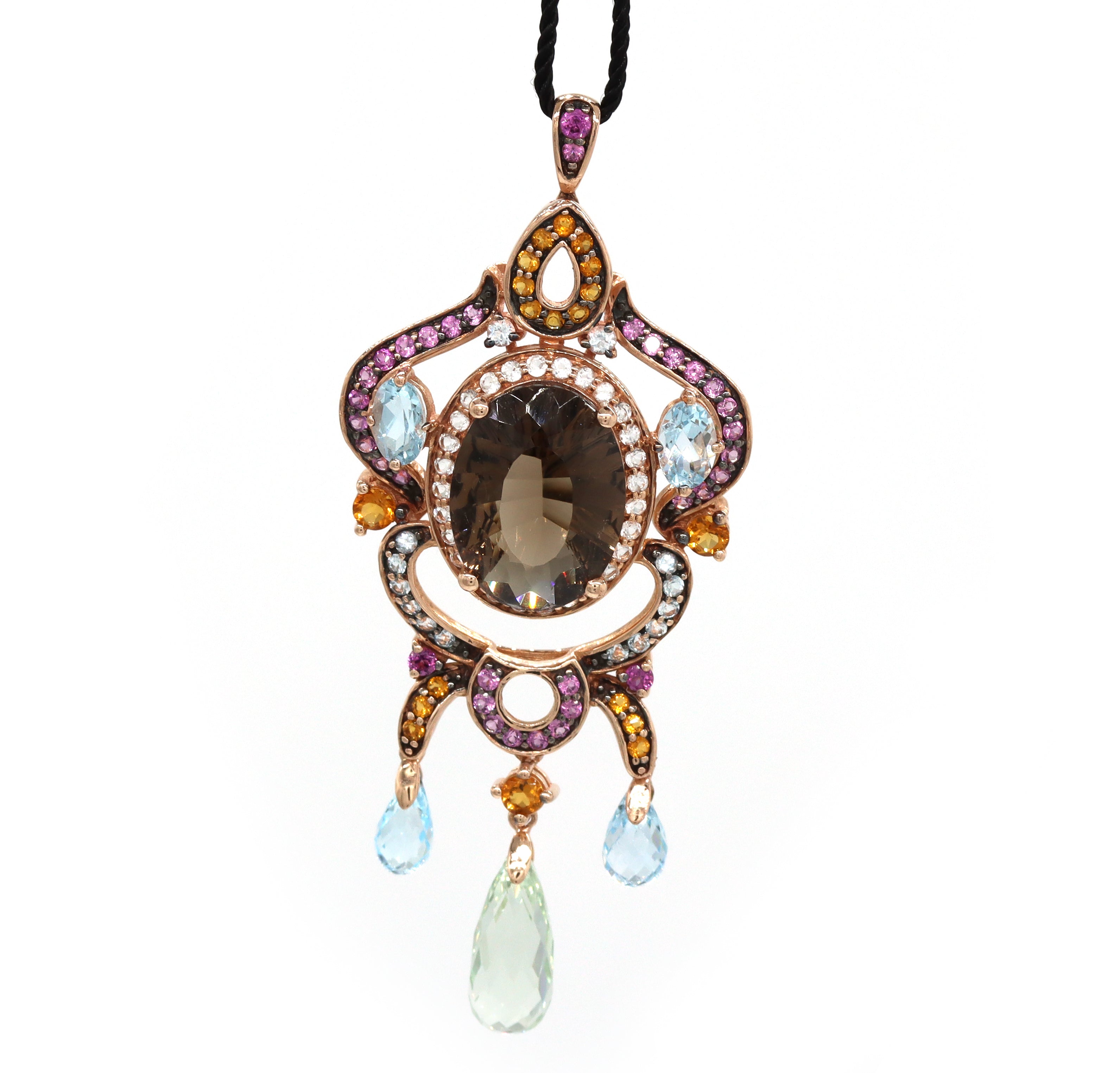 LeVian Crazy Collection 14K Rose Gold Pendant Smokey Quartz w Precious Gems