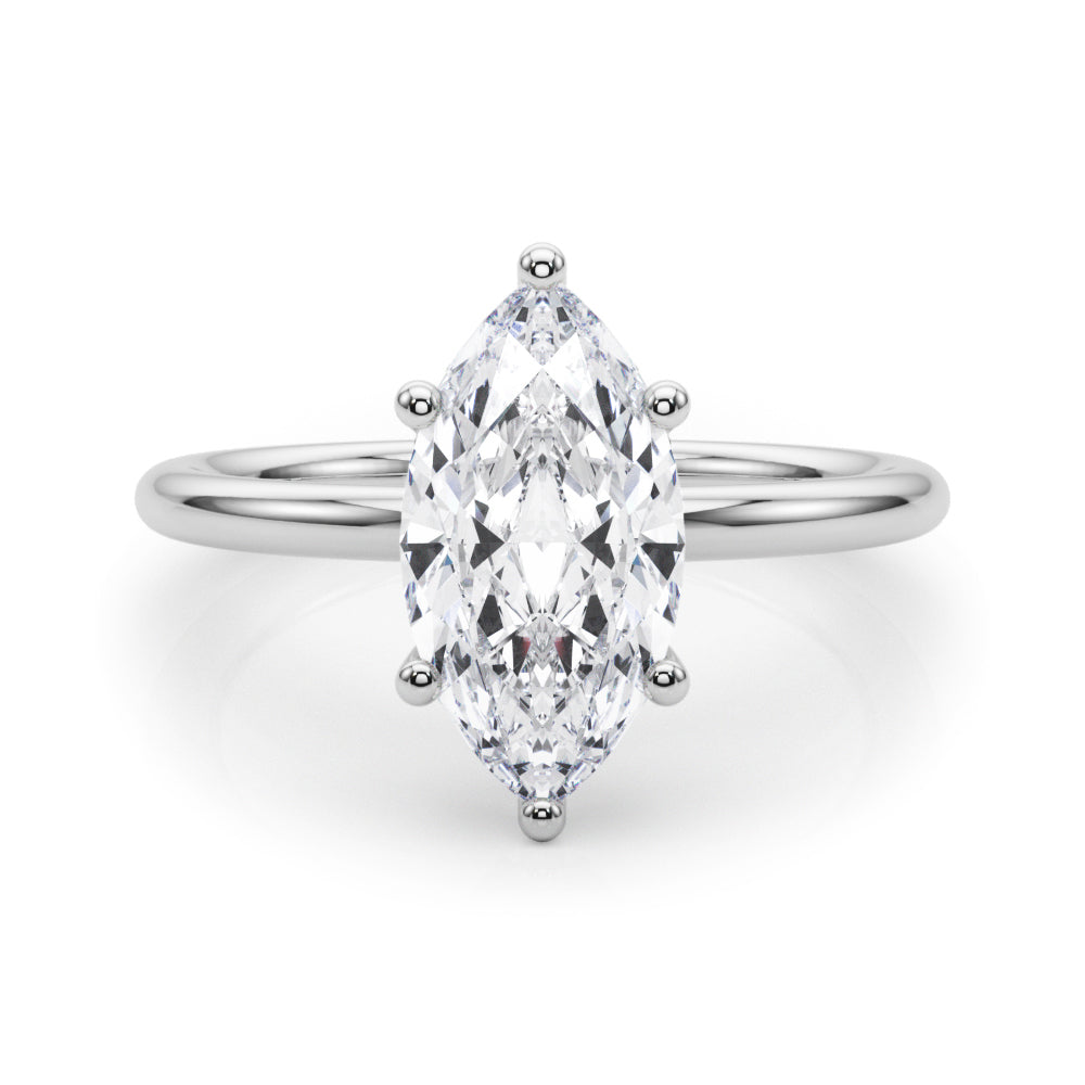 Marquise cut diamond engagement ring in 14K white gold with hidden halo and six-prong solitaire setting, featuring a 2.20 carat G VS IGI-certified diamond.
