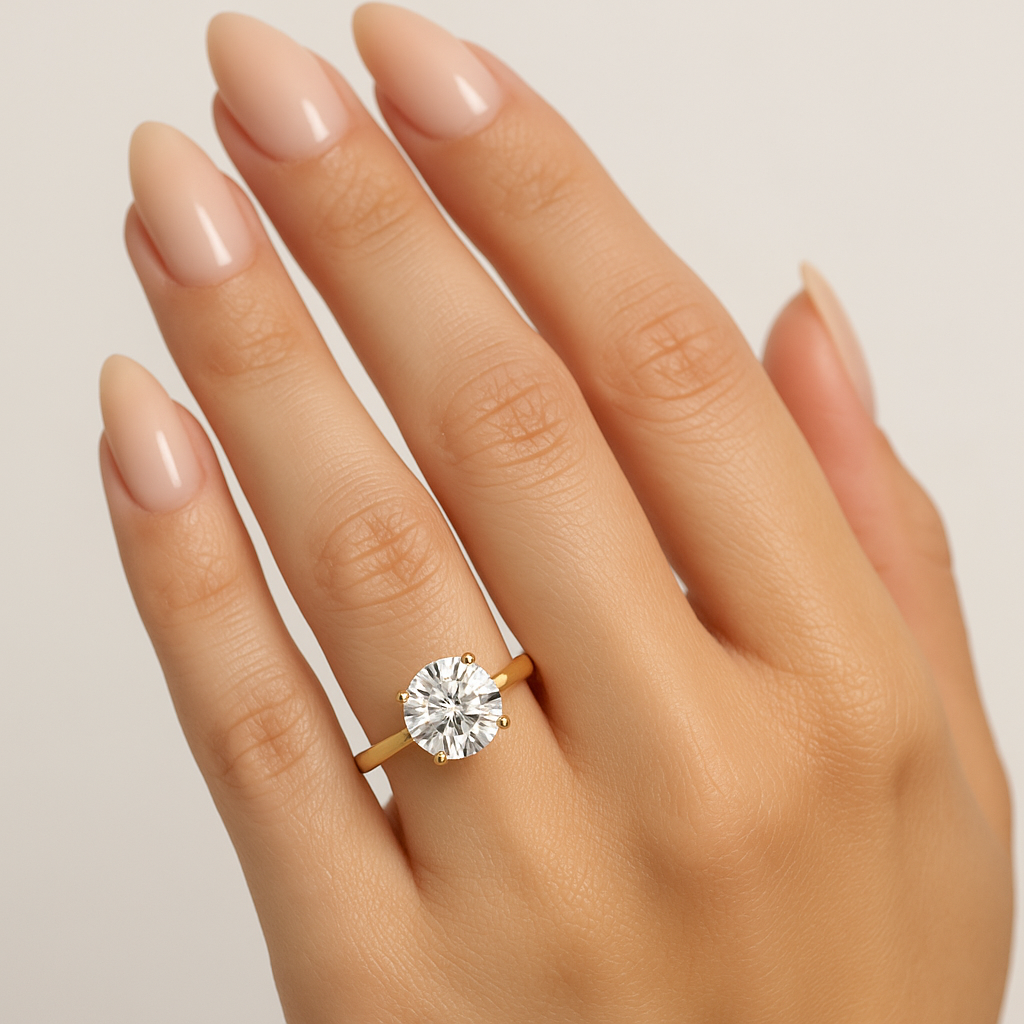 Model wearing 2.00ct round lab diamond engagement ring in yellow gold with hidden halo and thin band
