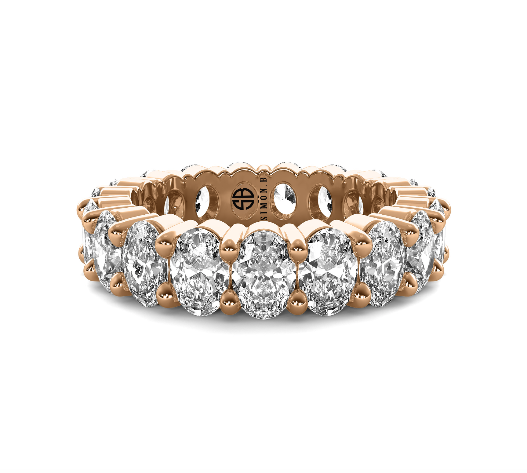 Oval cut lab grown diamond eternity band with prong-set stones in 14K gold.
