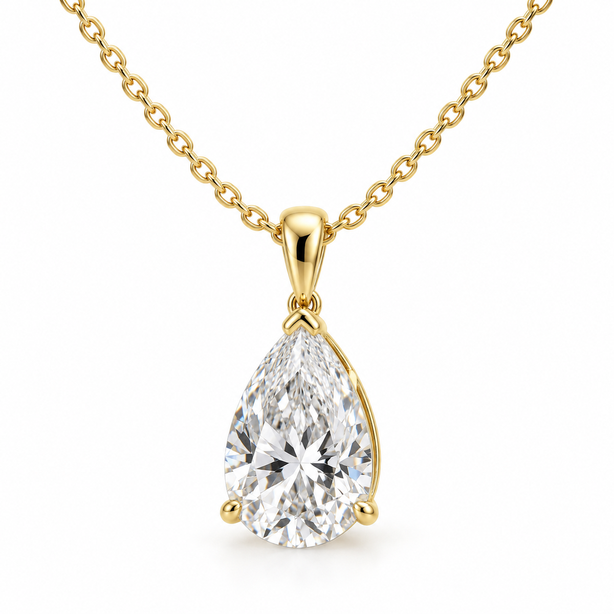 3 carat pear-shaped lab-grown diamond solitaire pendant necklace in 14K yellow gold, front view