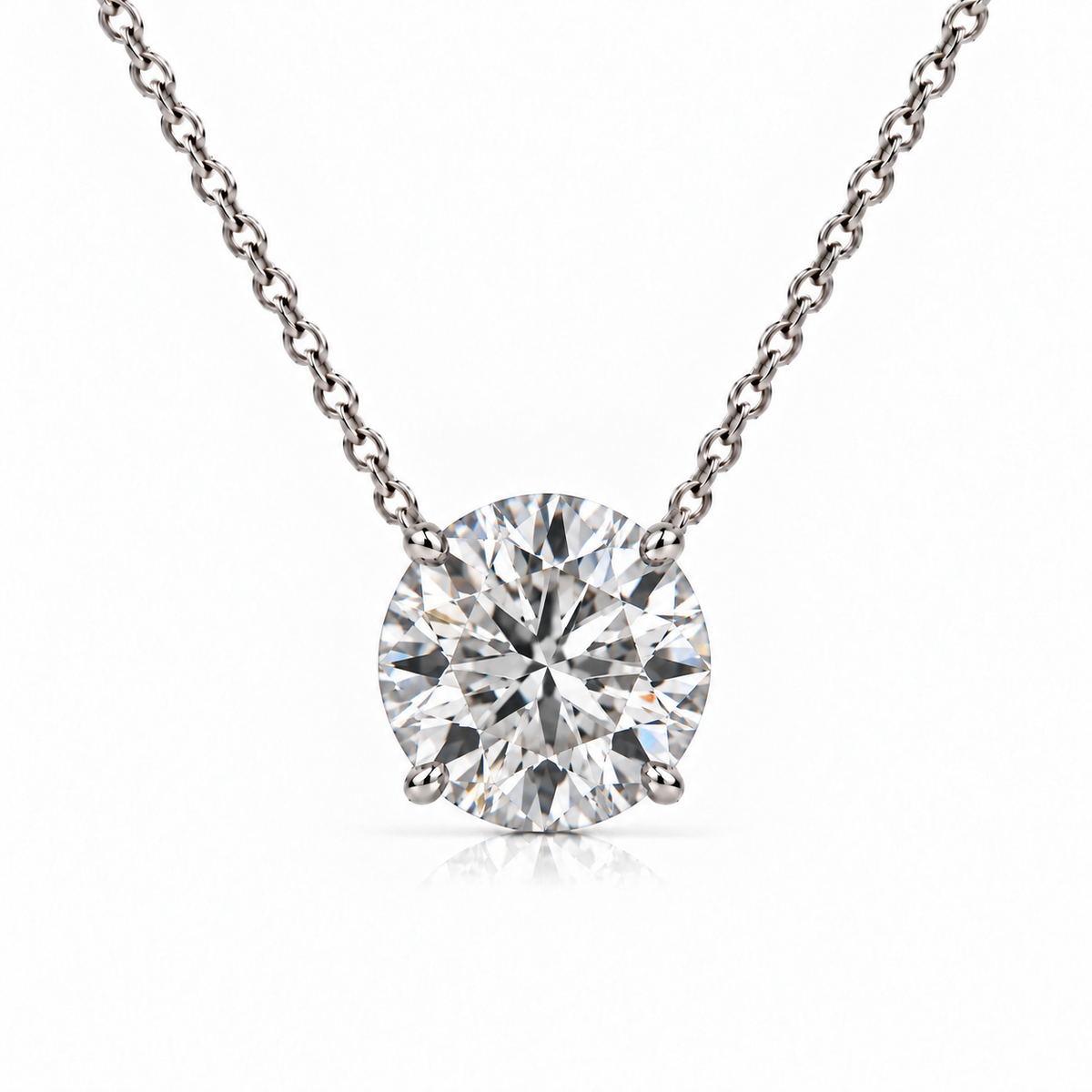Round lab-grown diamond solitaire necklace in 14K white gold, front view