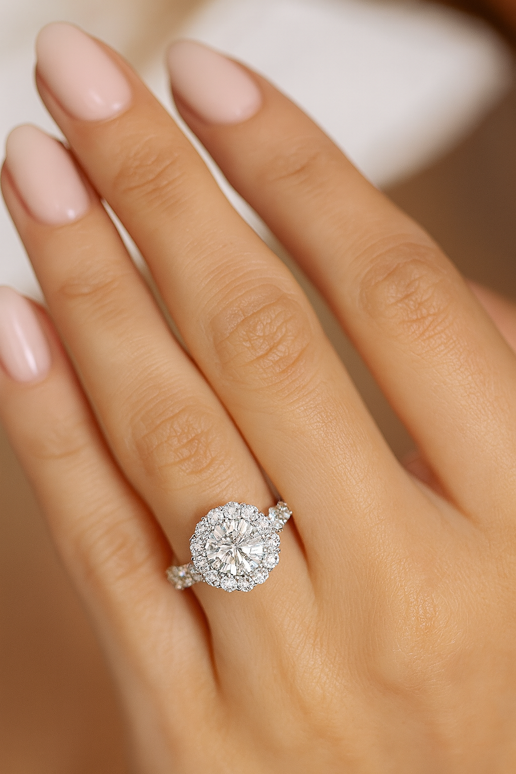Round brilliant halo engagement ring on hand with long almond-shaped nude nails, showcasing sparkling center stone and pavé band in soft natural lighting