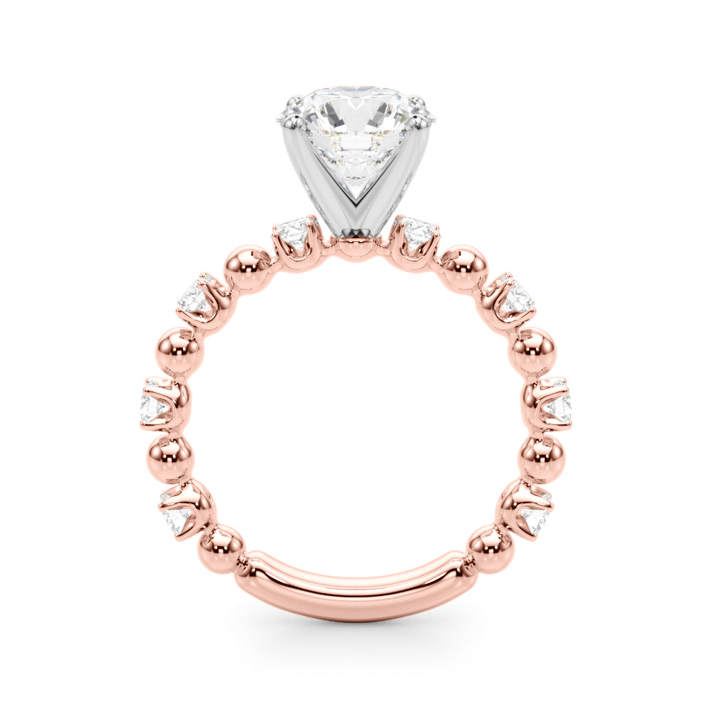 Side profile of the rose gold beaded diamond engagement ring showing the raised center setting and polished underside.