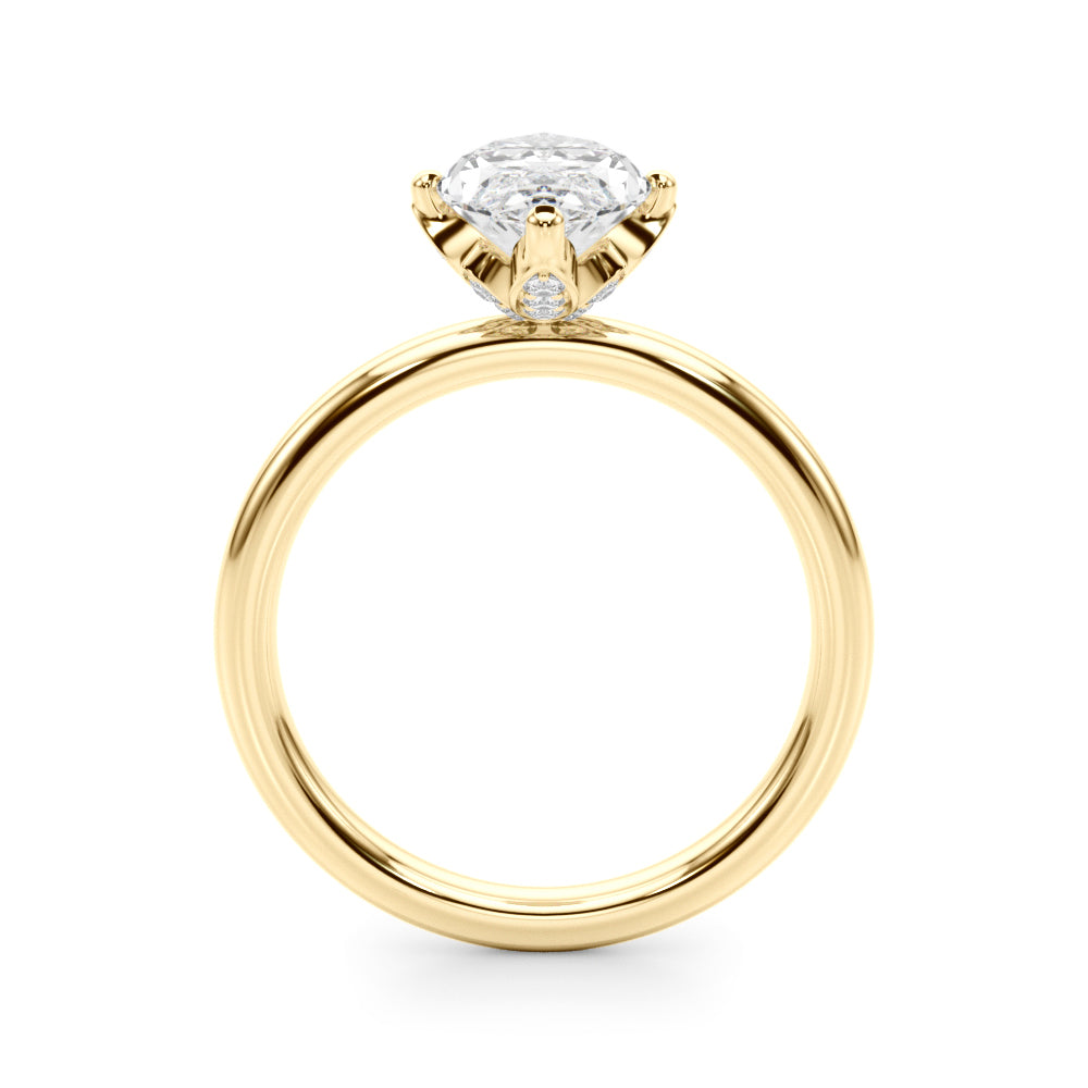Side profile of the yellow gold marquise engagement ring showing the elevated center setting and polished band.